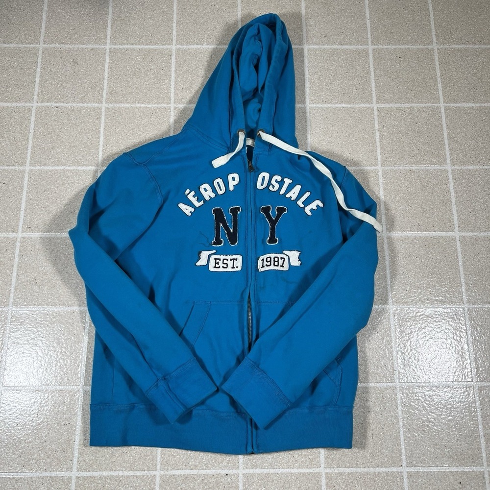 Vintage Y2K Aeropostale Spellout Embroidered Full Zip Up Blue Hoodie Men's Sz L